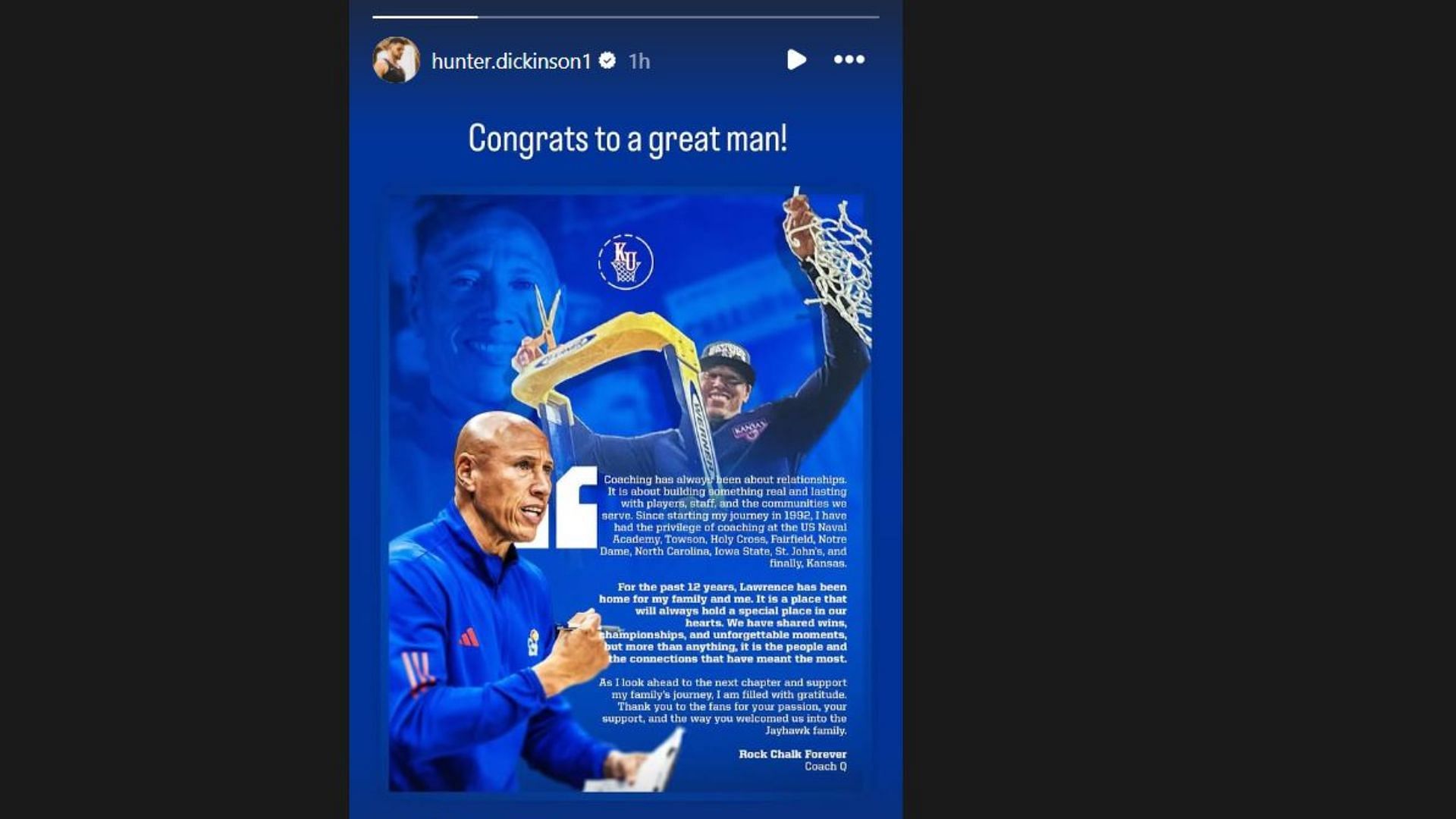 Hunter Dickinson drops 5-word reaction as Kansas’ assistant coach announces major future decision. Credit: IG/@hunter.dickinson1